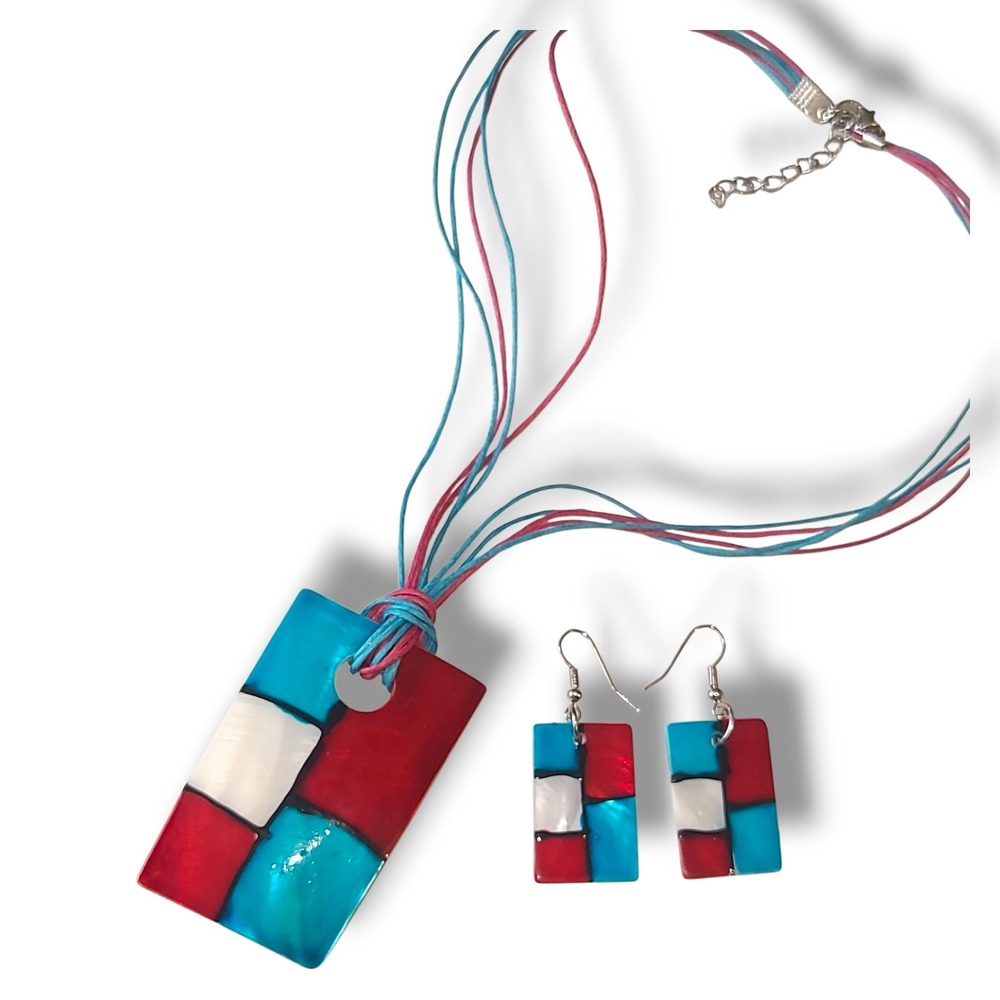 Painted Shell Necklace‎ & Earring Set Red Turquoise White Boho Art Pendant